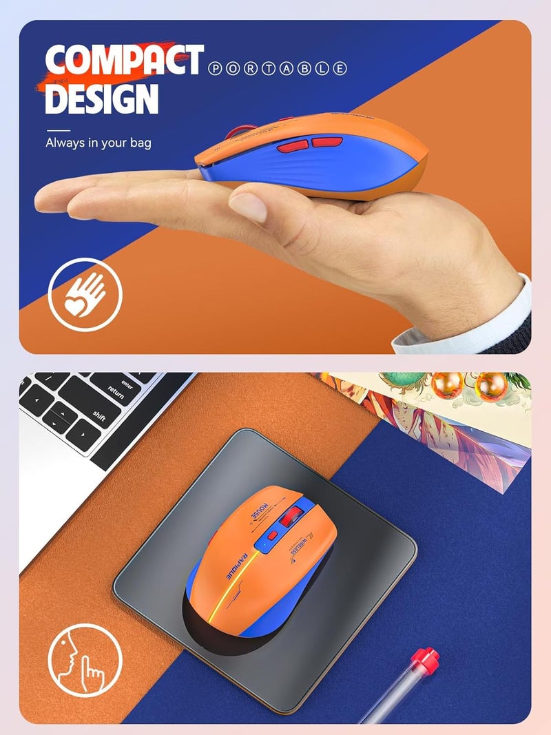 RAPIQUE Bluetooth Wireless Mouse - (BT1/BT2+USB Receiver) Dual Mode, Rechargeable, Quiet Click, Multi-Device Compatibility for Laptop, Computer, MacBook, Tablet (Blue and Orange) - Image 5